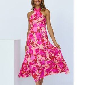 Hello Molly Love Loop Midi Dress Halter Floral Tiered Wedding Fuchsia Size 8
